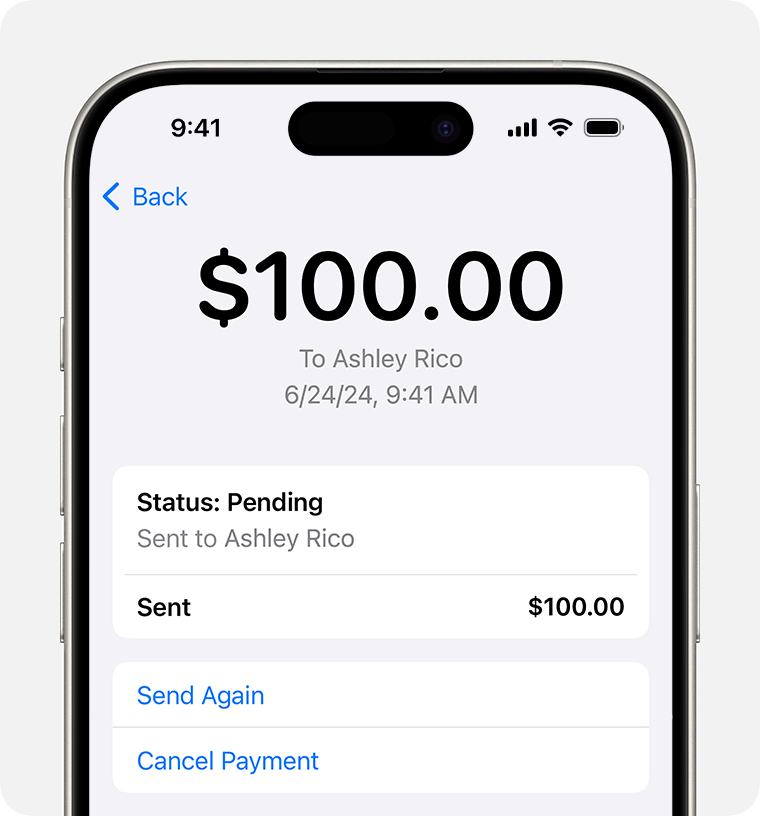 Apple Pay Pending - Explained 4 Apple Cash pending payment screen on iPhone showing Send Again and Cancel options