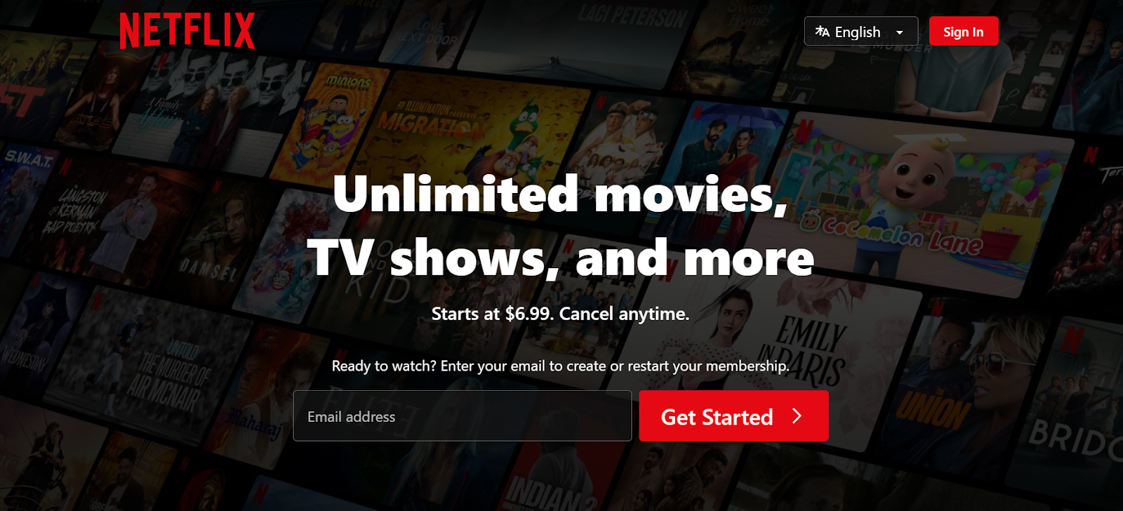 How to Watch Netflix in Safari on Mac 2 Netflix sign-up page with ‘Unlimited movies, TV shows and more’ and Get Started email form.