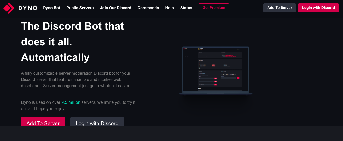Discord Log Deleter 6 Dyno bot homepage — customizable Discord moderation bot with dashboard and auto-mod tools.