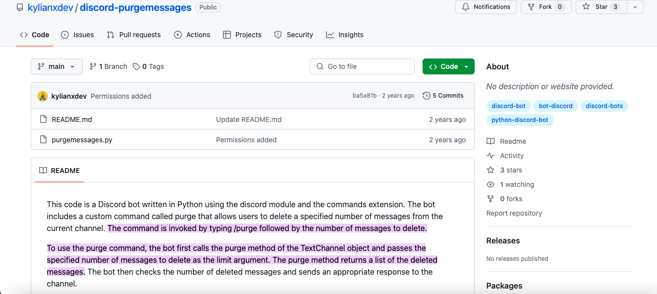 Discord Log Deleter 2 GitHub repo “discord-purgemessages” showing Python bot to bulk delete Discord messages with /purge.