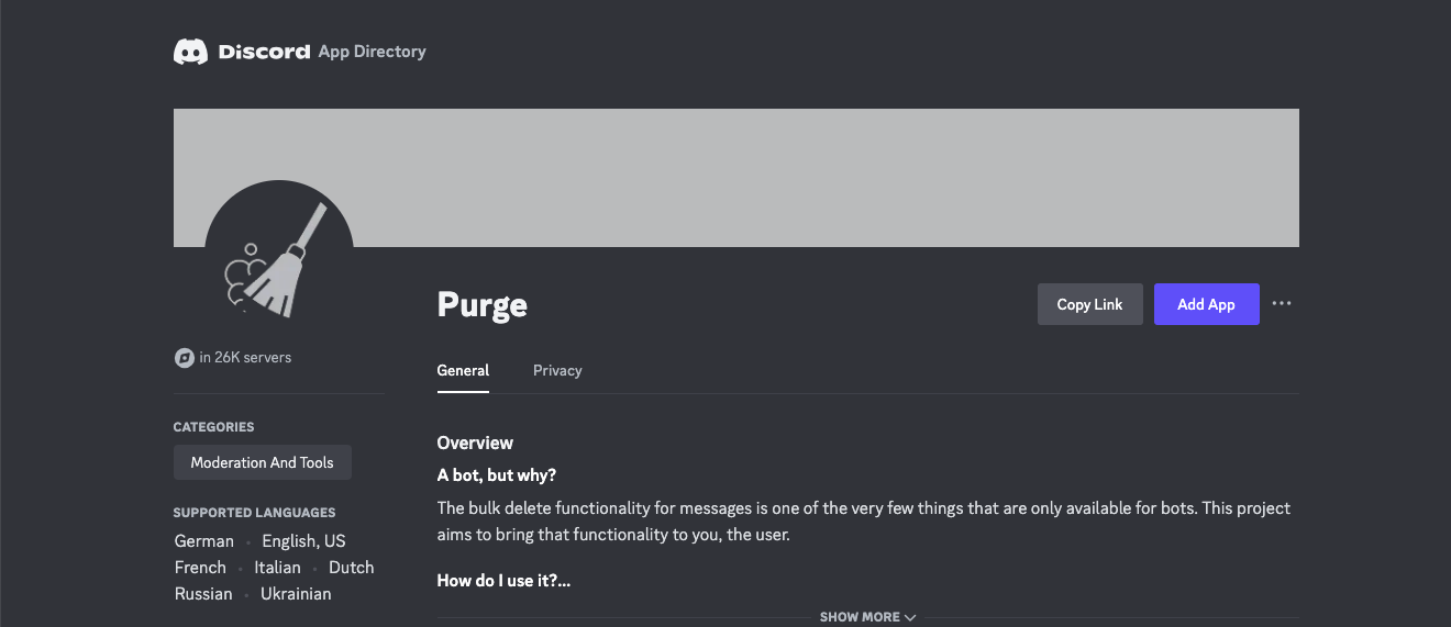 Discord Log Deleter 3 Discord App Directory listing for Purge bot used to mass delete channel messages.