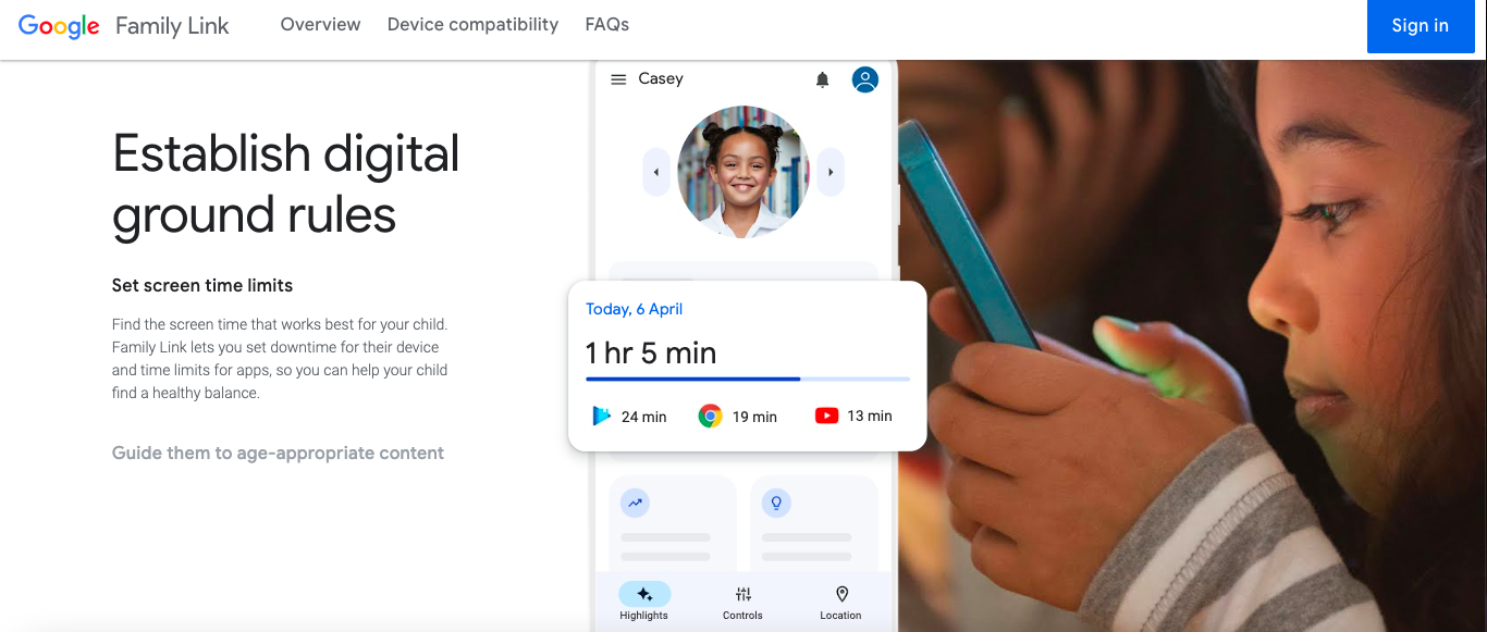 How to Remove Yourself from a Google Family Group 2 Google Family Link homepage showing child screen-time report and parental controls