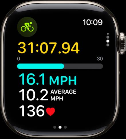 How to Track Outdoor Cycling with Apple Watch 3 Close-up of an Apple Watch screen showing cycling workout data including duration, speed, average speed, and heart rate.