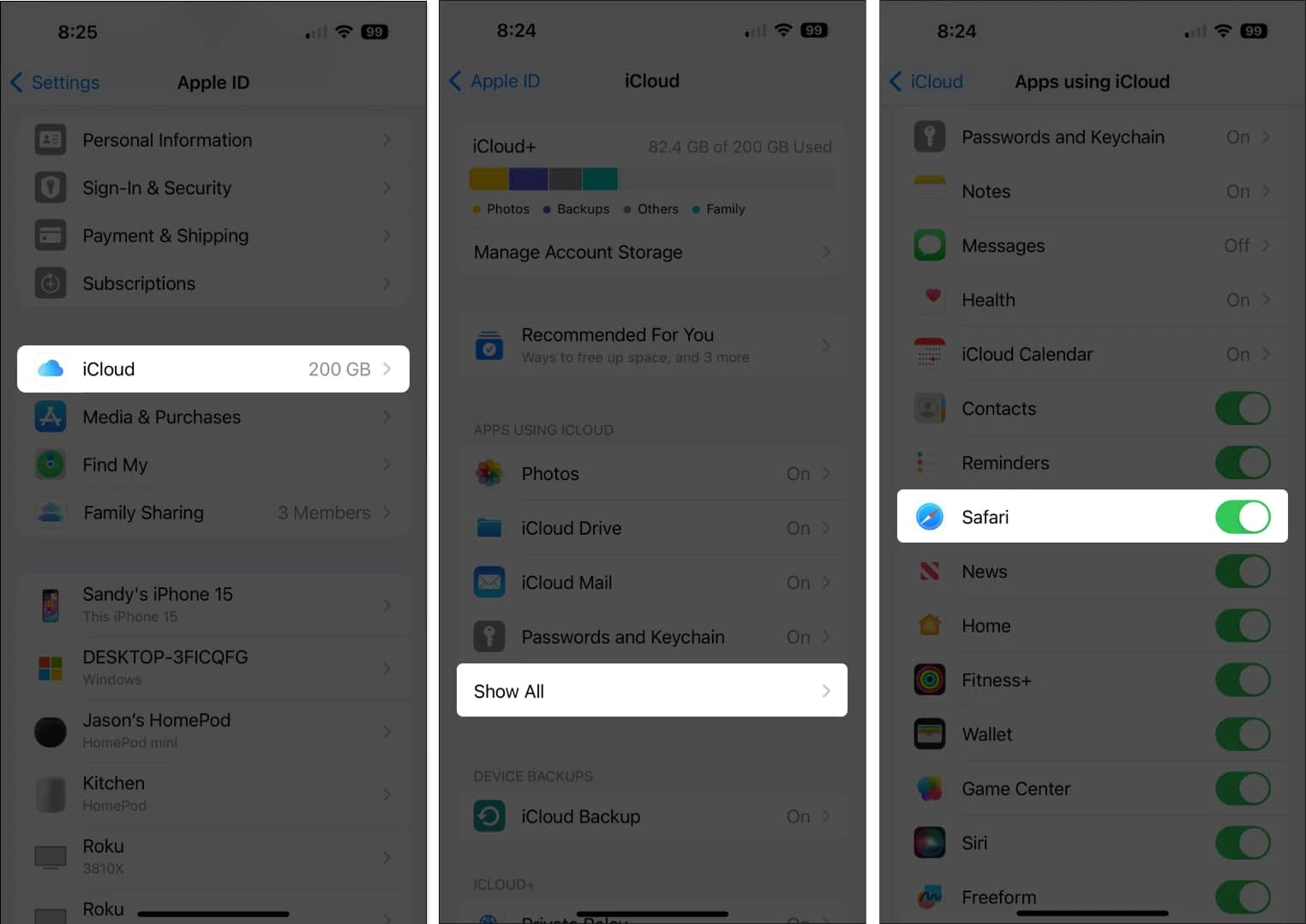 Does iCloud Sync Safari History? 2 Three iPhone Settings screens: Apple ID → iCloud, then ‘Show All’ apps using iCloud, then ‘Safari’ with its iCloud toggle turned on.