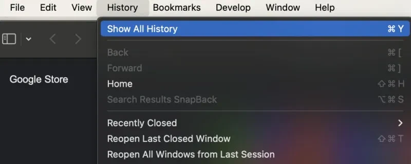 Does iCloud Sync Safari History? 3 macOS Safari menu open to History, highlighting ‘Show All History’ at the top with keyboard shortcut displayed.