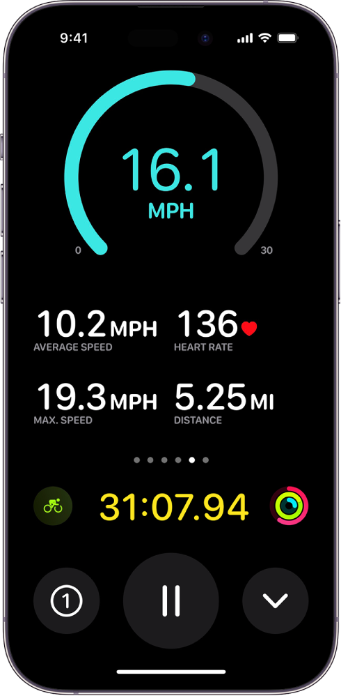 How to Track Outdoor Cycling with Apple Watch 4 iPhone screen displaying cycling workout summary with speed, distance, heart rate, and time data.
