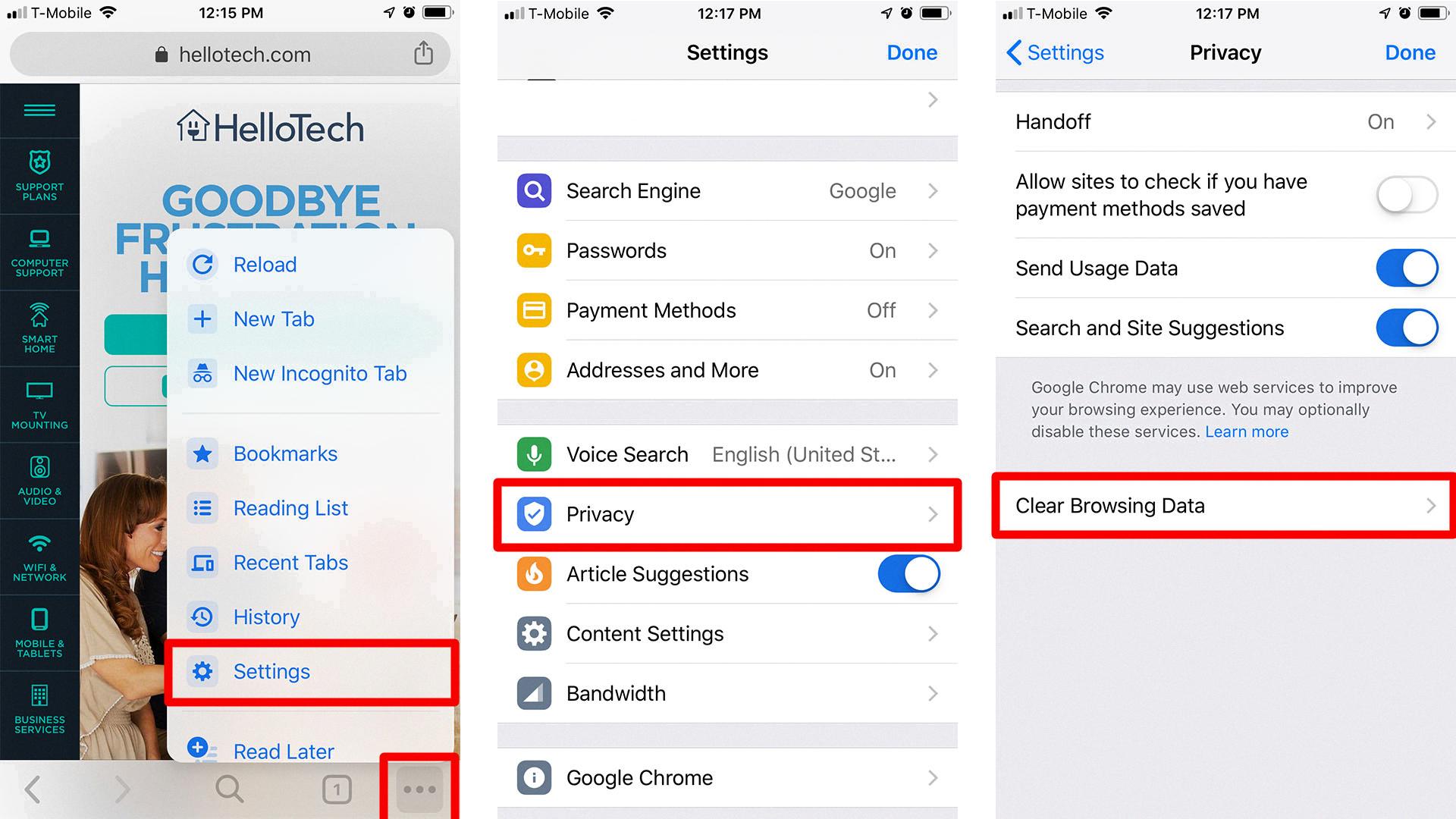 clear cache chrome iphone