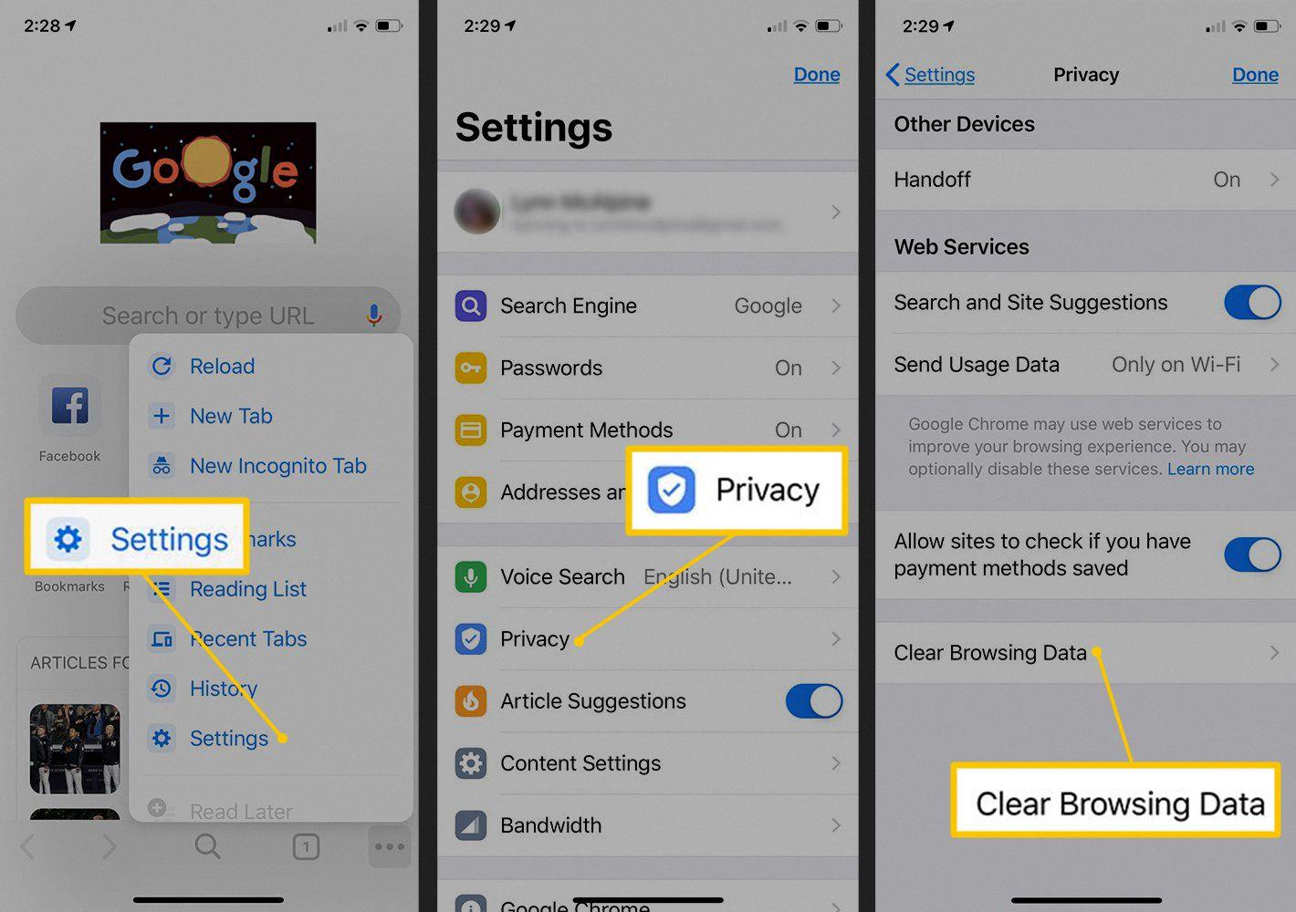 clear cache chrome iphone