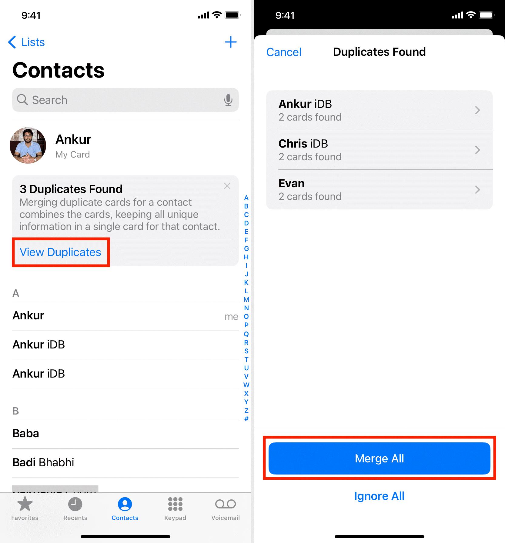 delete duplicate contacts iphone
