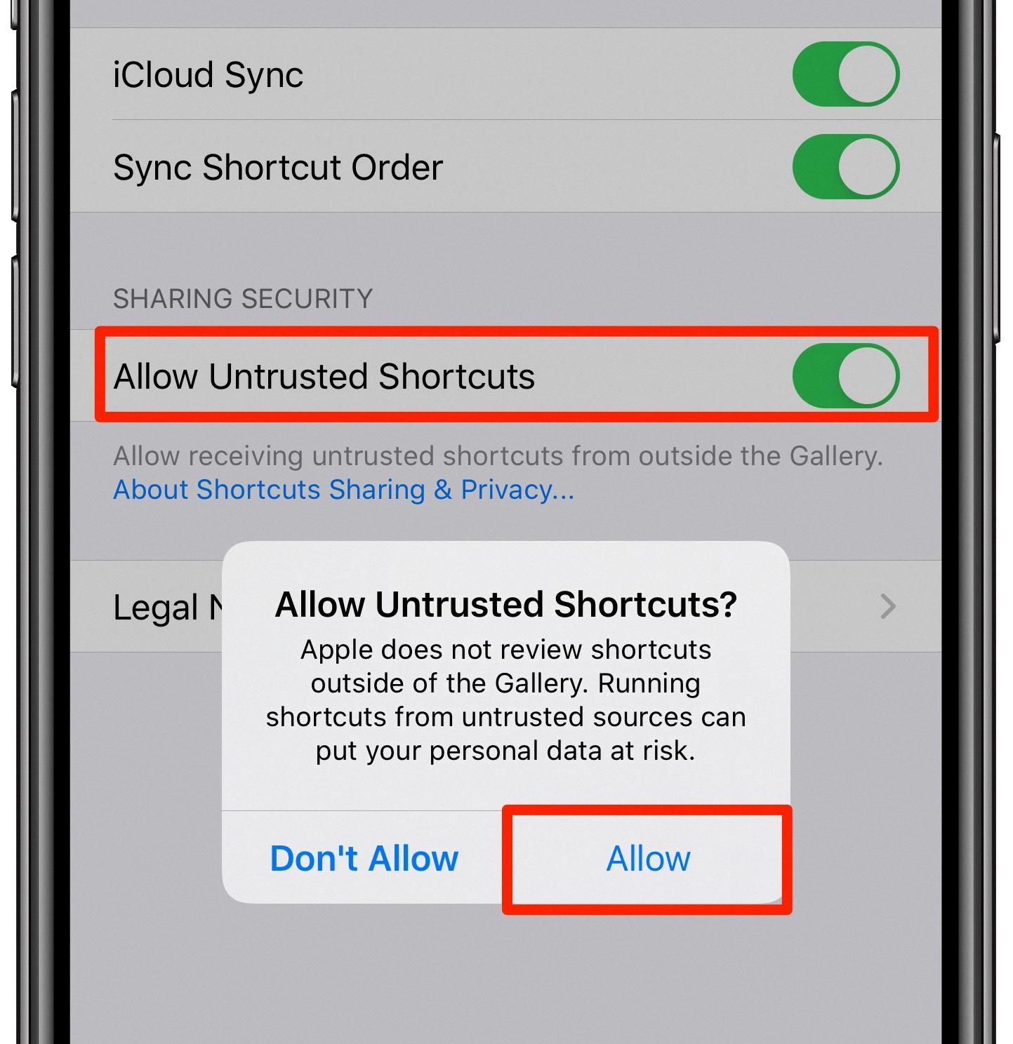 how to allow untrusted shortcuts