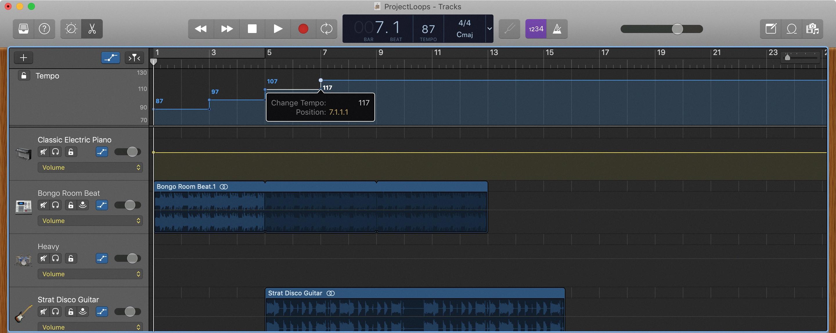 how to change tempo of a section in garageband