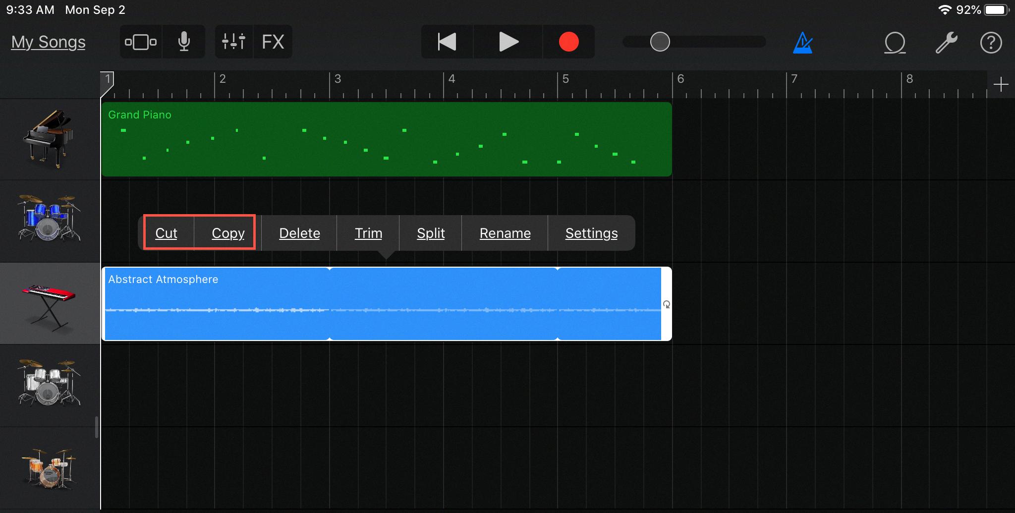 how to copy and paste in garageband for ipad