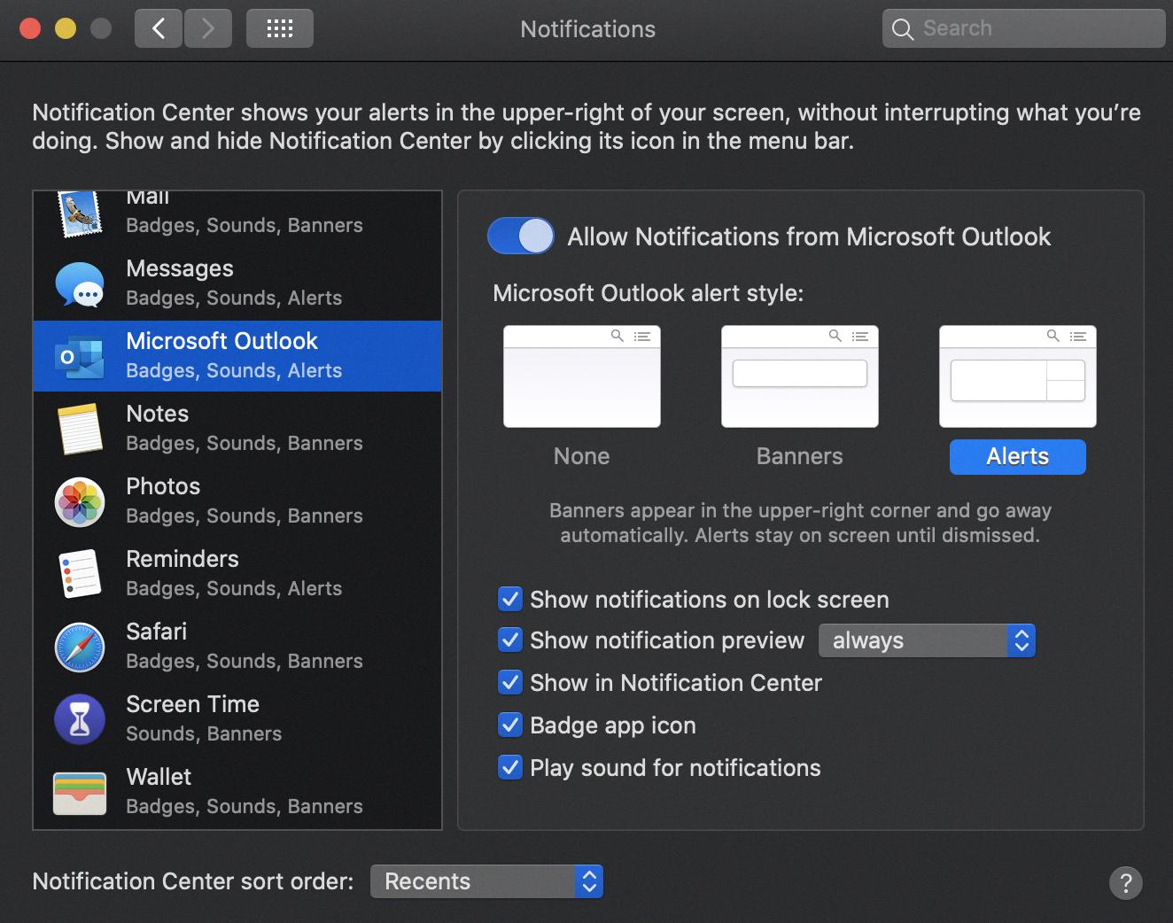 how to turn on outlook notifications