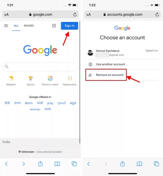 how to remove google email from safari