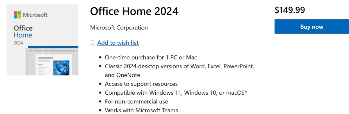 Does the Apple MacBook Air Include Microsoft Office? 2 A screenshot from the Microsoft Office Home 2024 page, displaying the current price