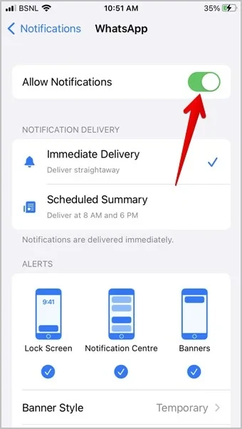 Disabling WhatsApp Notifications Through iPhone Settings