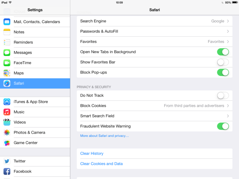 where are safari preferences ipad air