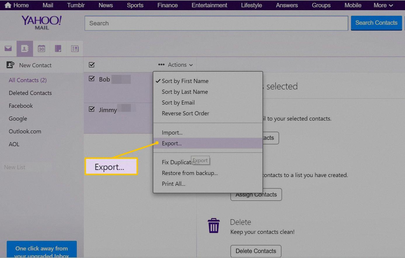 export yahoo contacts