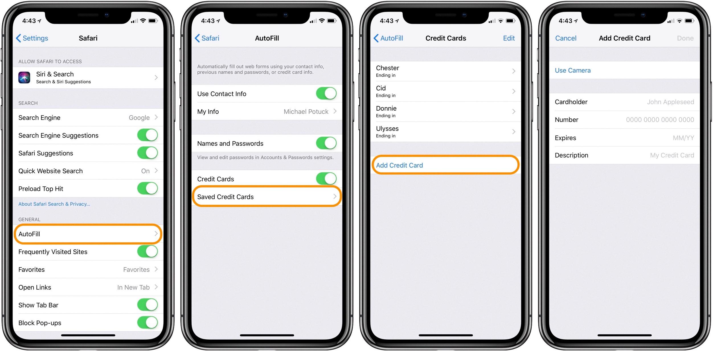 how to change autofill credit card on iphone