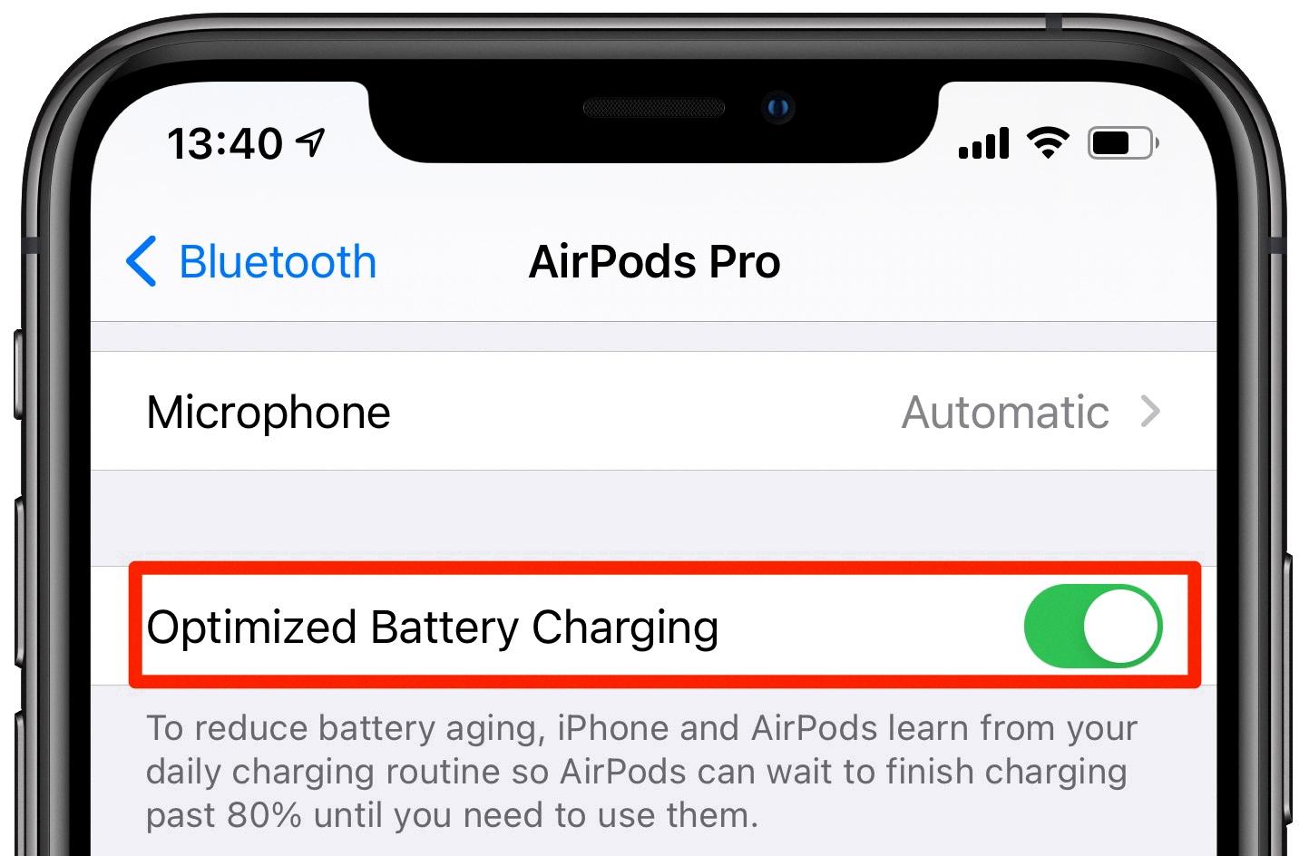 how to turn off optimized battery charging airpods