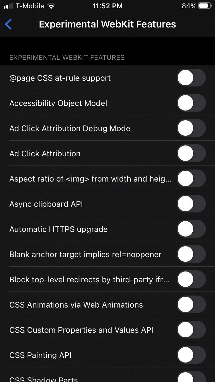 which experimental webkit features should be turned on