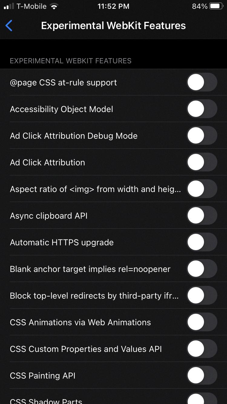 experimental webkit features ios