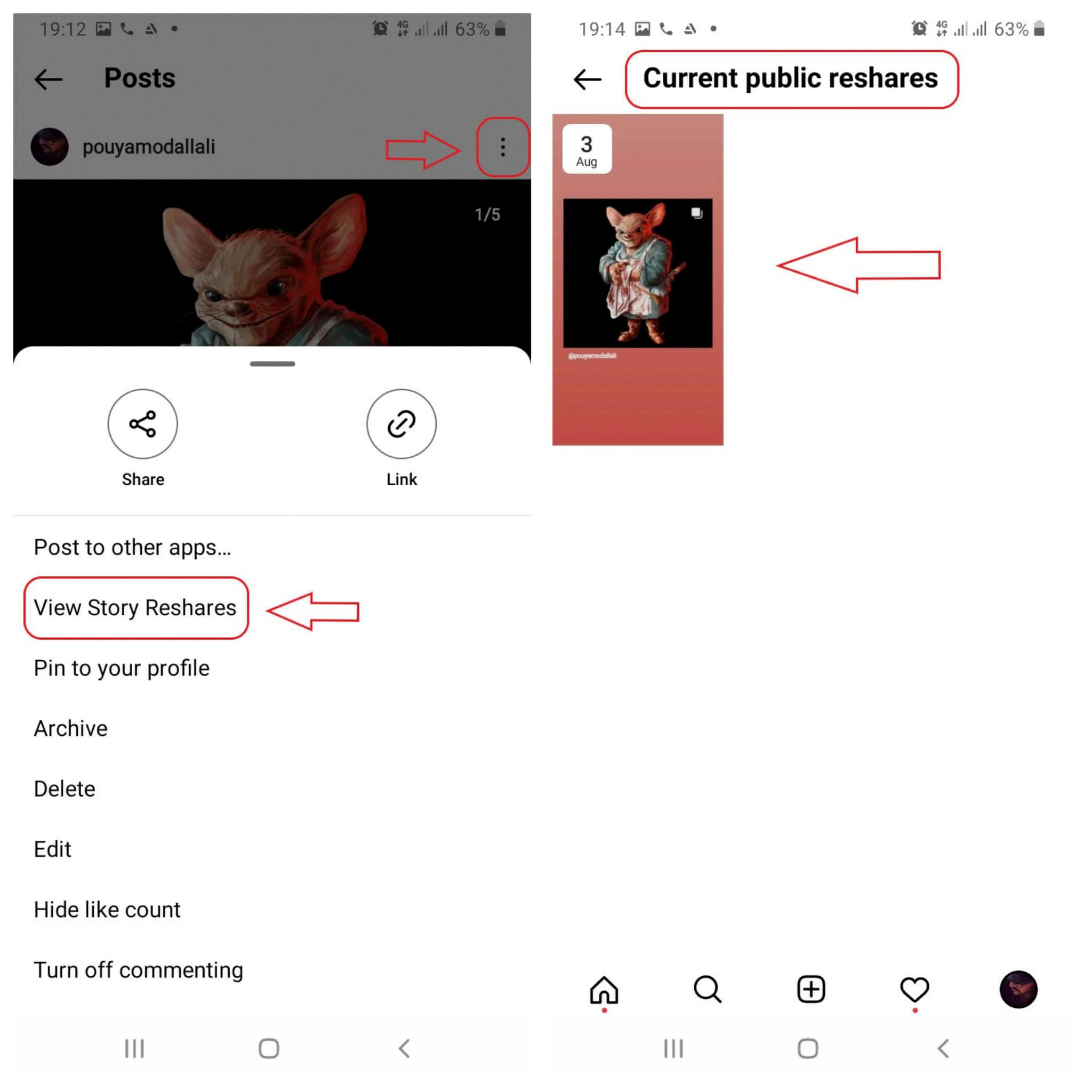 how to see reshares on instagram