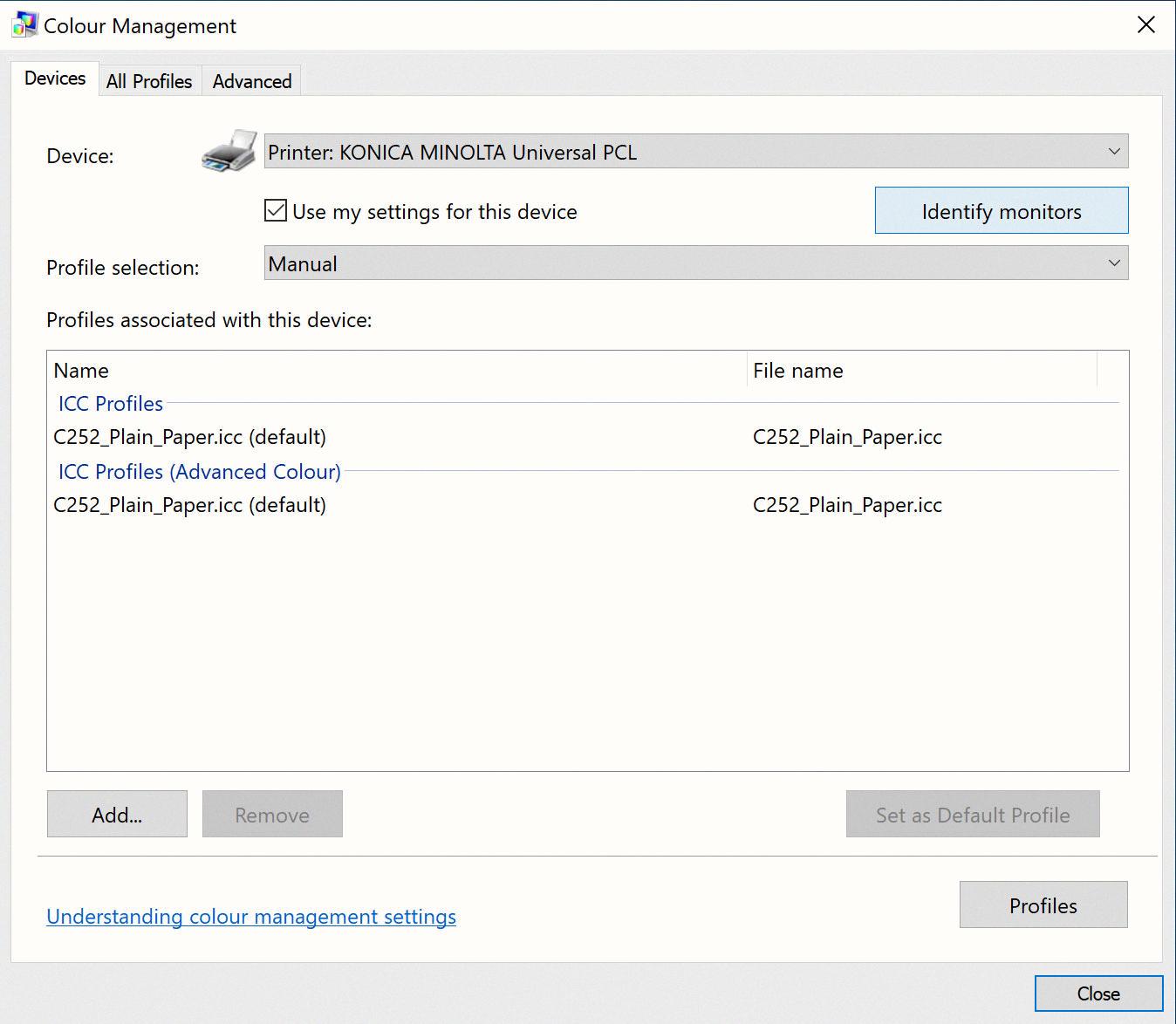 uninstall icc profile windows 10