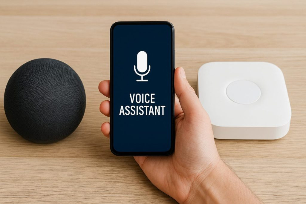 Smart Home Technology: The Definitive Guide 9 Voice assistant modules on a wooden table with a generic app being held between the two systems.
